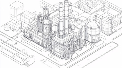 Line art of a futuristic hydrogen fuel cell plant with pipelines and storage tanks, representing green energy technology. 