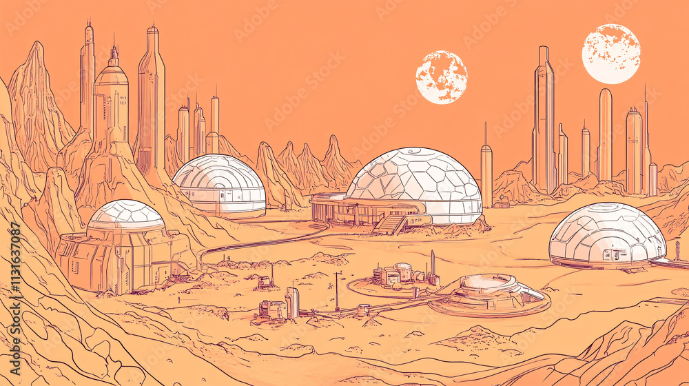 Poster line drawing of a futuristic space colony on mars, with domes and infrastructure, representing space