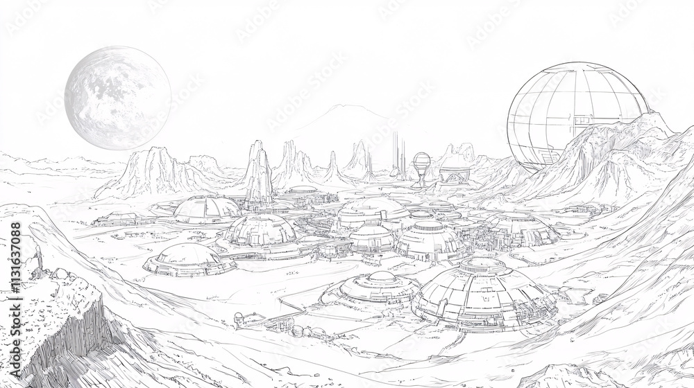 Poster line drawing of a futuristic space colony on mars, with domes and infrastructure, representing space