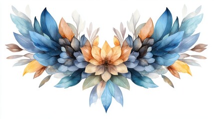 Obraz premium A vibrant watercolor illustration featuring an array of blue, orange, and green leaves, forming a symmetrical floral design, Ideal for invitations, home decor, or creative projects,