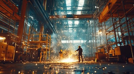 Welders engaged in craftsmanship amidst industrial hangar, sparks flying under bright lighting