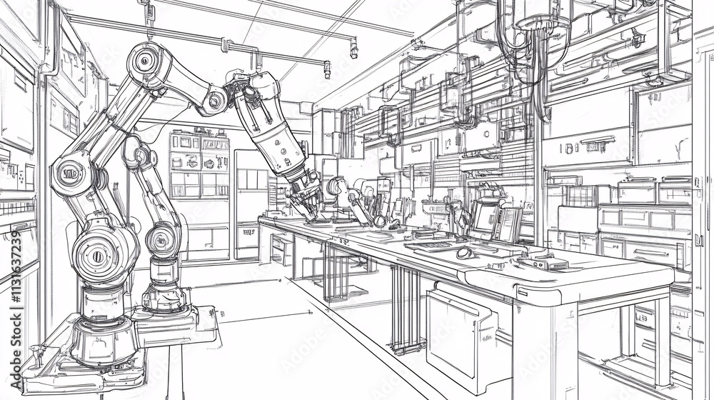 Poster line drawing of an advanced robotics lab, with robotic arms and human engineers working together on 