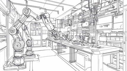 Fototapeta premium Line drawing of an advanced robotics lab, with robotic arms and human engineers working together on futuristic tech