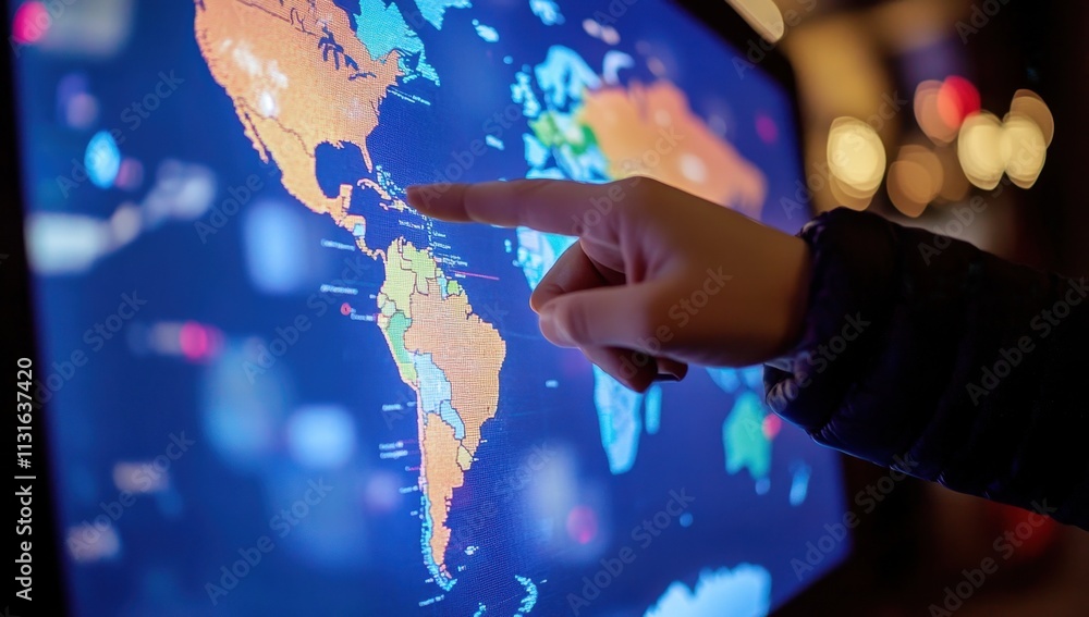 Poster a hand pointing at a digital world map on an interactive screen, representing global business and co