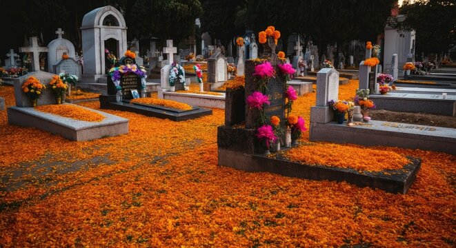 Vibrant cemetery scene covered in orange marigolds with decorated gravestones, celebrating cultural tradition
