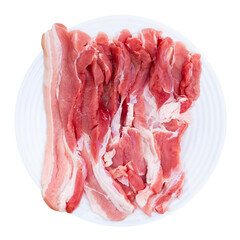 Fresh raw pork bacon in kitchen. Isolated over white background