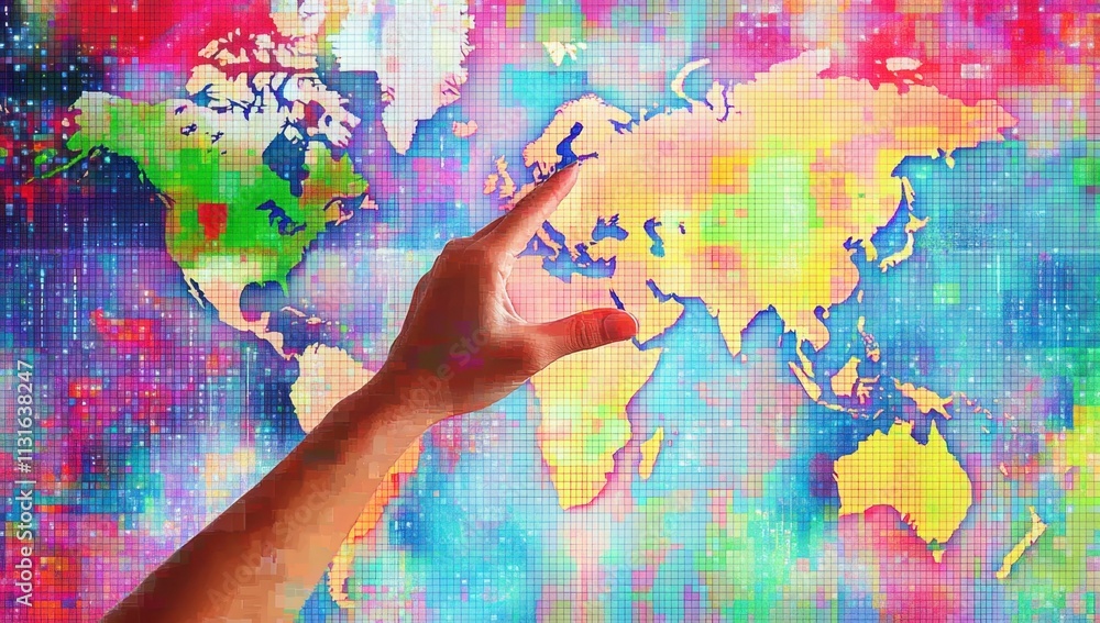 Poster hand touching a digital world map, a global business and technology concept with a pixel data backgr