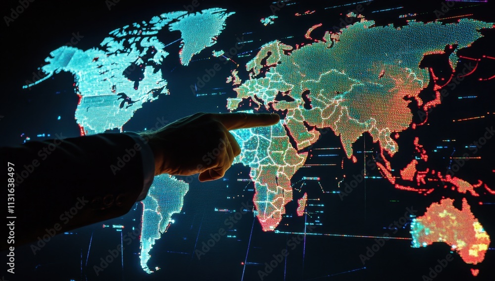 Poster a hand pointing at a world map on a digital screen, representing global business and connectivity in