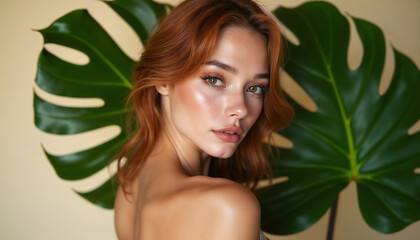 Fototapeta premium A beautiful woman with wavy hair is posing outdoors with monstera leaves, creating a natural and earthy aesthetic that reflects beauty and tropical vibes.