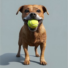 Dog holding a tennis ball in the mouth, full body