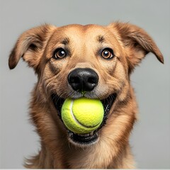 Dog holding a tennis ball in the mouth, full body