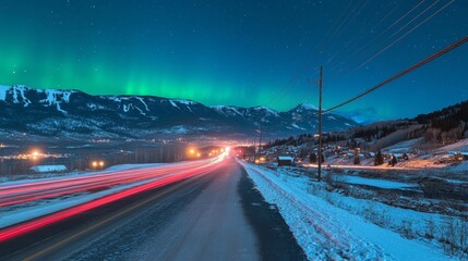 Stunning aurora borealis illuminates road and majestic mountains under the night sky