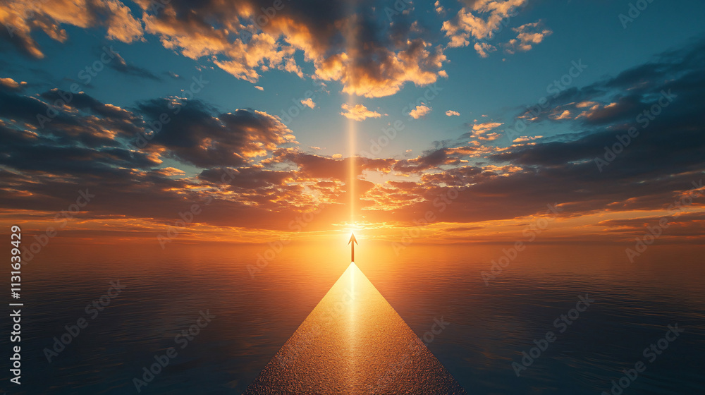 Poster path to 2025, illuminated by a rising sun, arrow guiding the way towards a future filled with promis