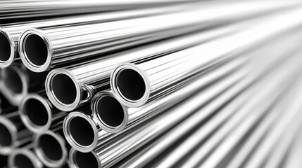 Close-up of stacked cylindrical metal pipes with reflective surfaces, neatly aligned on a pristine white backdrop for a modern industrial aesthetic