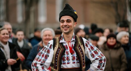 Smiling man in traditional ethnic attire stands crowd outdoors