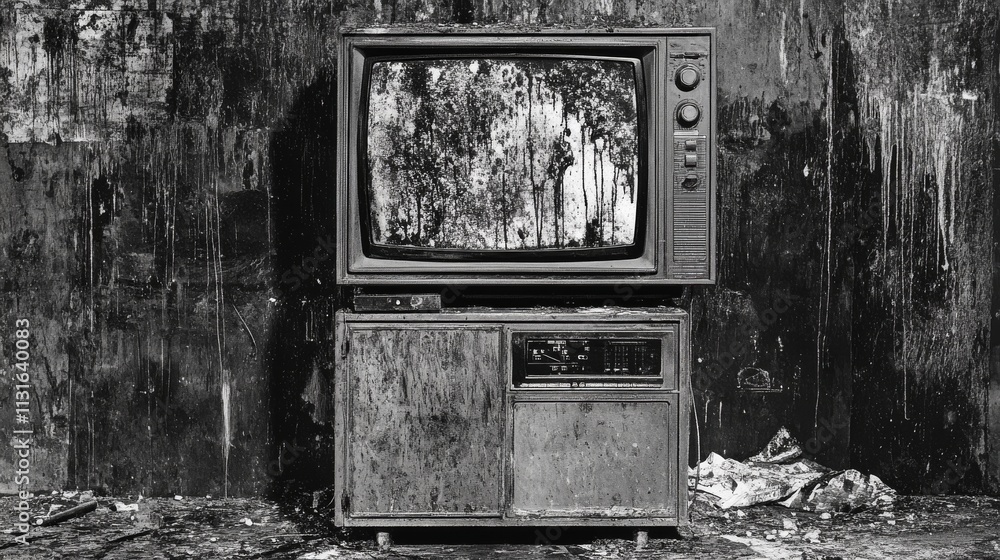 Poster A TV with static noise effect, capturing a panoramic view with a black and white background..The scene includes TV static noise, showcasing a wide panoramic view against a black and white