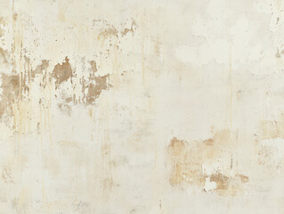 Fototapeta premium textured wall surface with peeling paint and rust stains, showcasing blend of beige and white tones. distressed appearance adds character and depth to background