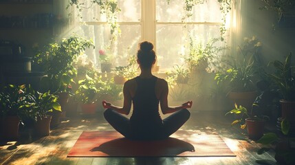 A serene yoga practice in a sunlit room filled with plants.