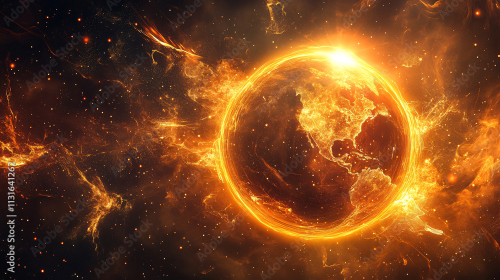 Poster pulsing orb of fiery orange and gold light, with radiating sparks creating an aura of power and warm