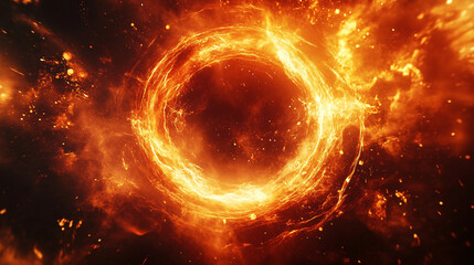 Obraz premium Pulsing rings of red and orange firelight, surrounded by flickering embers, representing strength, intensity, and transformation. 