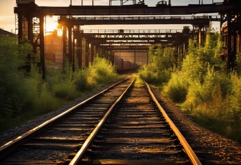 rustic industrial landscape featuring weathered train tracks surrounded gritty factory structures overgrown vegetation, abandoned, cargo, trains, textures