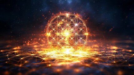 Fototapeta premium Fiery Flower of Life symbol glowing on dark background.