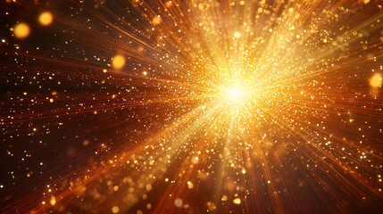 Obraz premium Radiating sunburst of warm gold and red light, with tiny flickers of glowing sparks suspended in mid-air, symbolizing strength and vitality. 