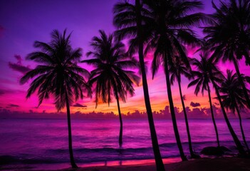 Obraz premium vibrant silhouettes palm trees colorful tropical sunset creating enchanting exotic atmosphere, beach, horizon, summer, scenery, colors, dusk, evening