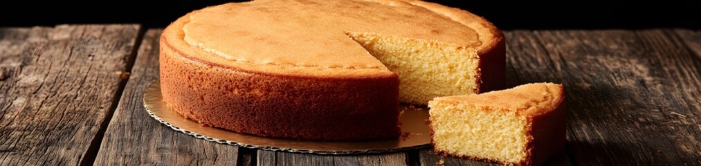 A slice of golden cake on a wooden table, showcasing its texture and inviting appearance.