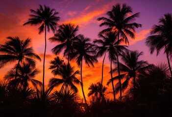 vibrant silhouettes palm fronds stunning sunset sky warm hues radiant colorful gradients, light, shadow, nature, tree, plant, tropical, landscape, glow