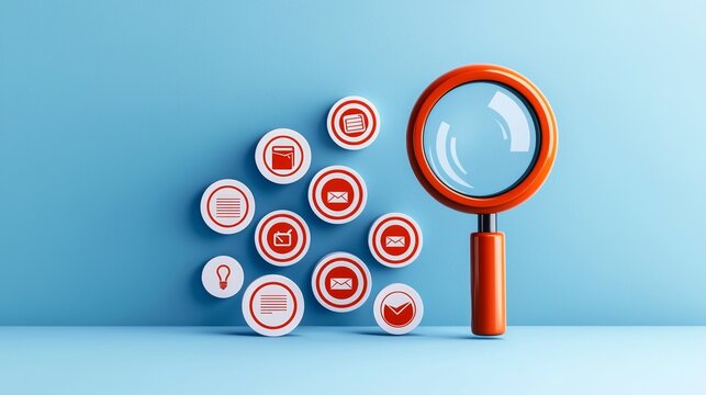 Minimalist illustration of a magnifying glass over a single word in a keyword cloud, emphasizing precision and targeting in marketing