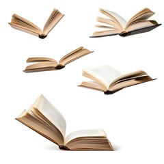 Set of floating books open on white background