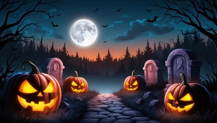 Fototapeta premium Spooky halloween night with glowing evil pumpkins