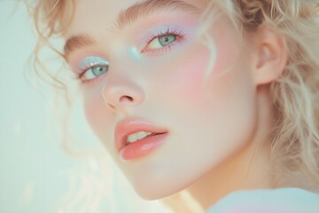 Fototapeta premium model with soft lavender and baby blue eyeshadow paired with a shimmering highlight on the cheeks. The glossy pink lips and natural curls New wave make-up