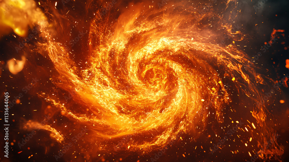 Poster spinning vortex of red and yellow flames, surrounded by floating embers, creating a high-energy, fie