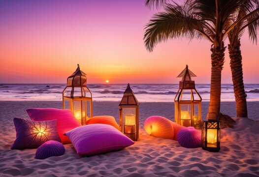 whimsical beach sunset decor featuring vibrant colors playful elements dreamy romantic getaways, tropical, island, ocean, waves, sky, clouds, sand, shore
