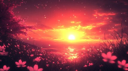 Vibrant sunset over a field of pink flowers with falling petals.