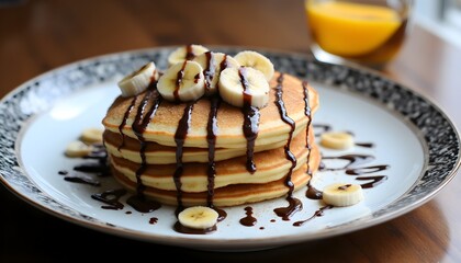 Delicious banana pancakes drizzled with chocolate sauce served on a white platter