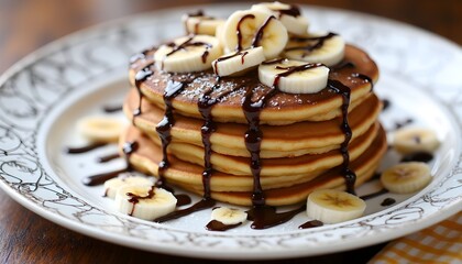 Delicious banana pancakes drizzled with chocolate sauce served on a white platter