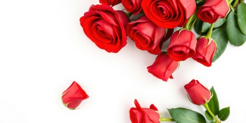 Close-up of a vibrant red rose bouquet on a clean white background, white background, floral arrangement