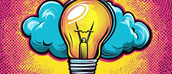 Bulb with clouds pop art retro. Comic book style imitation
