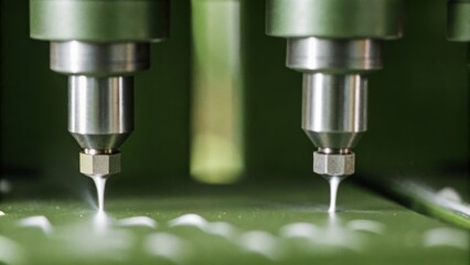 A closeup view of precision nozzles spraying adhesives on tiny parts operated by a computercontrolled robotics system.
