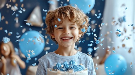 Fototapeta premium Happy boy celebrating birthday with cake and confetti.