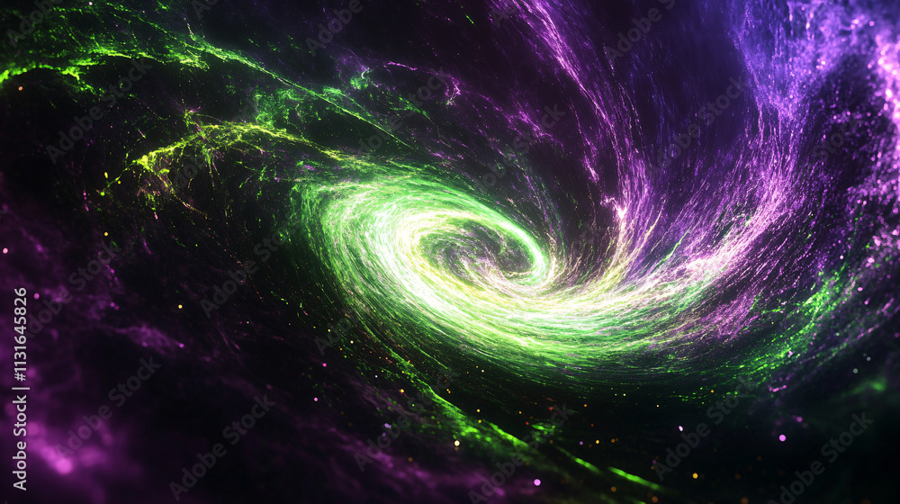 Poster swirling vortex of purple and green light with glowing particles trailing behind, representing flow 