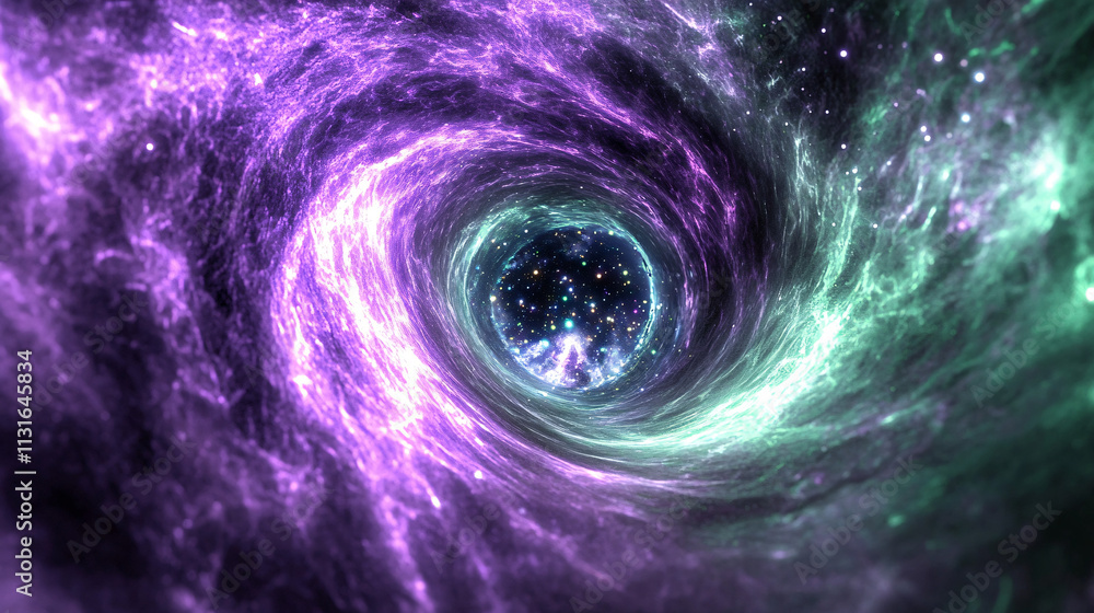 Poster swirling vortex of purple and green light with glowing particles trailing behind, representing flow 