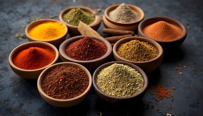 Varied spices arranged in wooden bowls on a dark textured background showcasing culinary ingredients for flavorful dishes