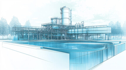Obraz premium Technical line drawing of a futuristic water treatment plant using advanced filtration technology, symbolizing sustainability. 