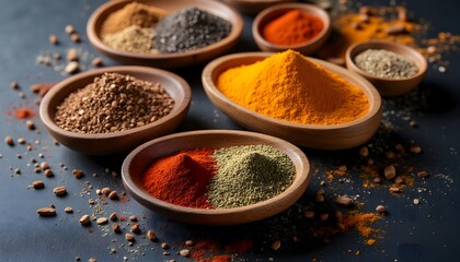 Varied spices arranged in wooden bowls on a dark textured background showcasing culinary ingredients for flavorful dishes