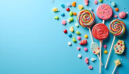 Colorful candies and lollipops arranged beautifully on a blue background for a sweet celebration