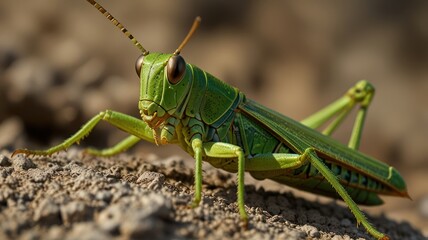 Close-up of a vibrant green grasshopper on dry soil.